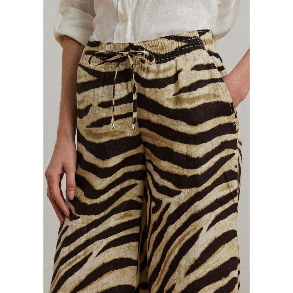 Lauren Ralph Lauren Women's Zebra-Print Linen Wide-Leg Pants Cream Brown XXL - Picture 2 of 13
